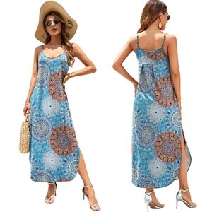🆕Women's Summer Blue Bohemian Strappy Split Loose Maxi Dress Side Pockets SZ XS